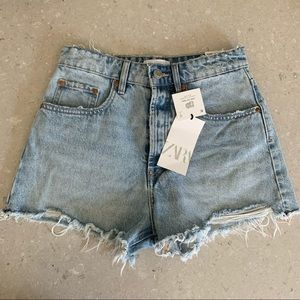 ZARA High Rise Frayed Denim Shorts